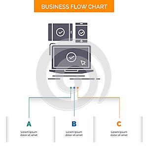 computer, devices, mobile, responsive, technology Business Flow Chart Design with 3 Steps. Glyph Icon For Presentation Background