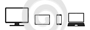 Computer devices with screens. templates and mockups of desktop monitor and laptop, mobile phone and tablet