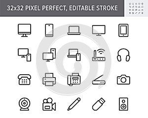 Computer devices simple line icons. Vector illustration with minimal icon - laptop, pc, smartphone, tv, monitor, tablet