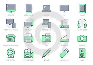 Computer devices simple line icons. Vector illustration with minimal icon - laptop, pc, smartphone, tv, monitor, tablet