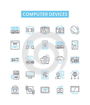Computer devices vector line icons set. Laptop, Desktop, Monitor, Printer, Keyboard, Mouse, Scanner illustration outline