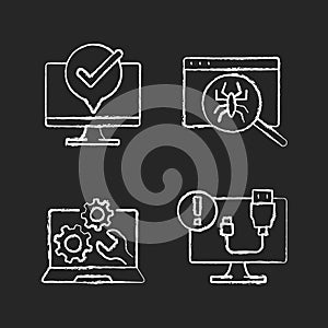 Computer diagnostics chalk white icons set on black background