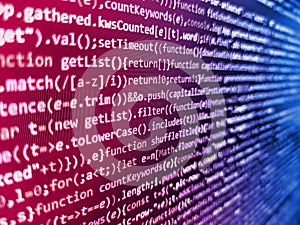 Computer digital background. Programming text on dark screen. Code of javascript language on white background. Computer Script.