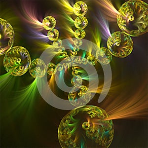 Computer digital fractal art design, abstract fractals fantastic shapes, green glass bubbles with silk fluffs
