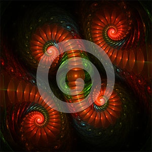 Computer digital fractal art design, abstract fractals fantastic shapes, green kaleidoscope knitted structure