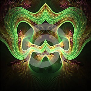 Computer digital fractal art, fantastic abstract shapes, terryfying green mask with ears and nose