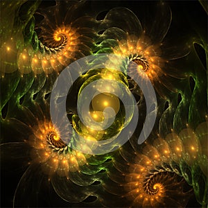 Computer digital fractal art, fantastic abstract shapes, yellow seahorse