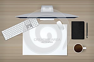 Computer display background of working space  with office object on wood. Vector