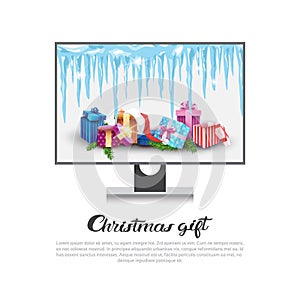 Computer Display With Holiday Decorations Christmas Gift Concept New Year Sales On Electronics Banner