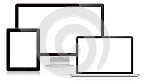 Computer display, laptop and tablet. Isolated on a white background