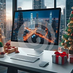 Computer display on table in office with view on the city skyscrapers business zone in Christmas time