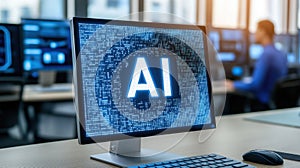 Computer displaying ai programming code on screen on blurred modern office background