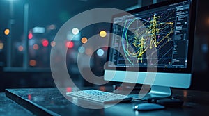 Computer Displaying CAD Design of Electrical Power Grid System