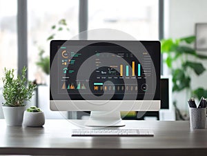 Computer Displaying Charts and Graphs on a Desk