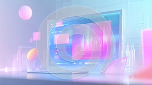 Computer displaying data visualization with abstract futuristic user interface