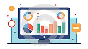 A computer displaying a variety of data visualizations including bar charts, pie charts, and a line