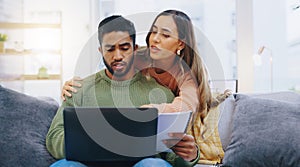 Computer, documents and couple on sofa for finance planning, online banking and budget payment. Living room, home and