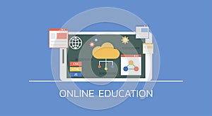 Computer education online via technology on smartphone concept