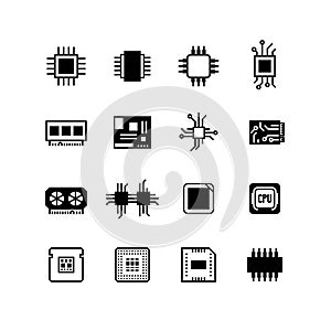 Computer electronic chips, motherboard, hardware processor vector icons