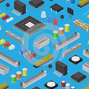 Computer Electronic Circuit Board Component Background Pattern on a Blue Isometric View. Vector