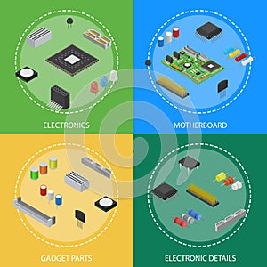 Computer Electronic Circuit Board Component Poster Card Set Isometric View. Vector