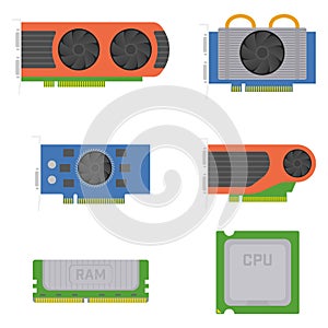 Computer elements - graphics cards, RAM, processor.