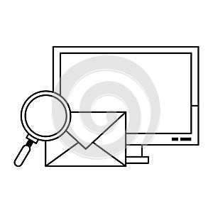 Computer email search business correspondance in black and white photo