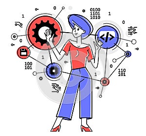 Computer engineer in work vector outline illustration, programmer and system administrator doing his job with some operating