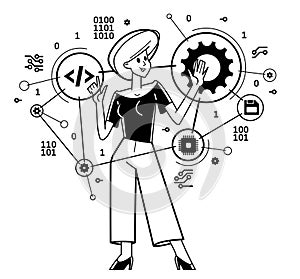 Computer engineer in work vector outline illustration, programmer and system administrator doing his job with some operating