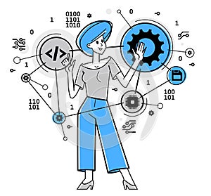 Computer engineer in work vector outline illustration, programmer and system administrator doing his job with some operating