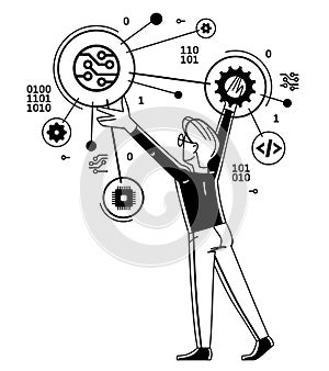 Computer engineer in work vector outline illustration, programmer and system administrator doing his job with some operating