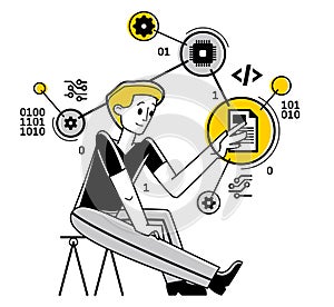 Computer engineer in work vector outline illustration, programmer and system administrator doing his job with some operating