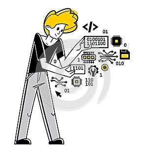 Computer engineer in work vector outline illustration, programmer and system administrator doing his job with some operating