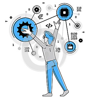 Computer engineer in work vector outline illustration, programmer and system administrator doing his job with some operating
