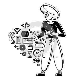 Computer engineer in work vector outline illustration, programmer and system administrator doing his job with some operating