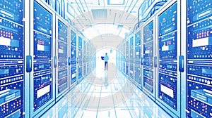 Computer engineer working in a futuristic data center