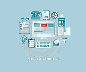 Computer engineering illustration with icons and text.