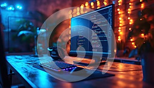 Computer engineering of web site in the code editor blurred in bokeh style. Generative AI