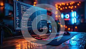Computer engineering of web site in the code editor blurred in bokeh style. Generative AI