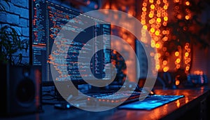 Computer engineering of web site in the code editor blurred in bokeh style. Generative AI