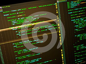 Computer engineering of web site in the code editor using php language. Web developing and programming concept