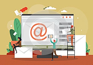 Computer with envelope and email sign on screen, tiny people with messages, flat vector illustration. Email marketing.