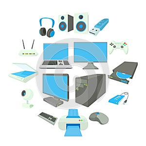 Computer equipmen icons set, cartoon style