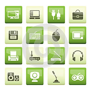 Computer equipment and periphery icons over green background