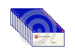 Computer error. Window with system error. Computer glitch. Old window with critical message. Many boxes with bug for interface,