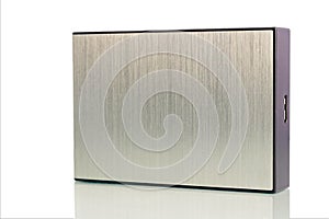 A computer external hard drive on a white background. - Close up
