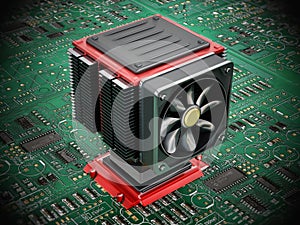 Computer fan and heatsink on CPU. 3D illustration