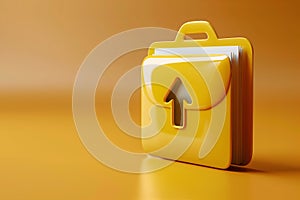 Computer file folder with an upward arrow. File upload, data storage concept