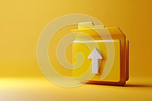 Computer file folder with an upward arrow. File upload, data storage concept