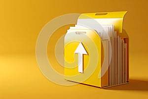 Computer file folder with an upward arrow. File upload, data storage concept